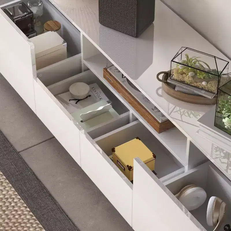 Meuble TV moderne laqué brillant avec tiroirs et bande lumineuse inférieure