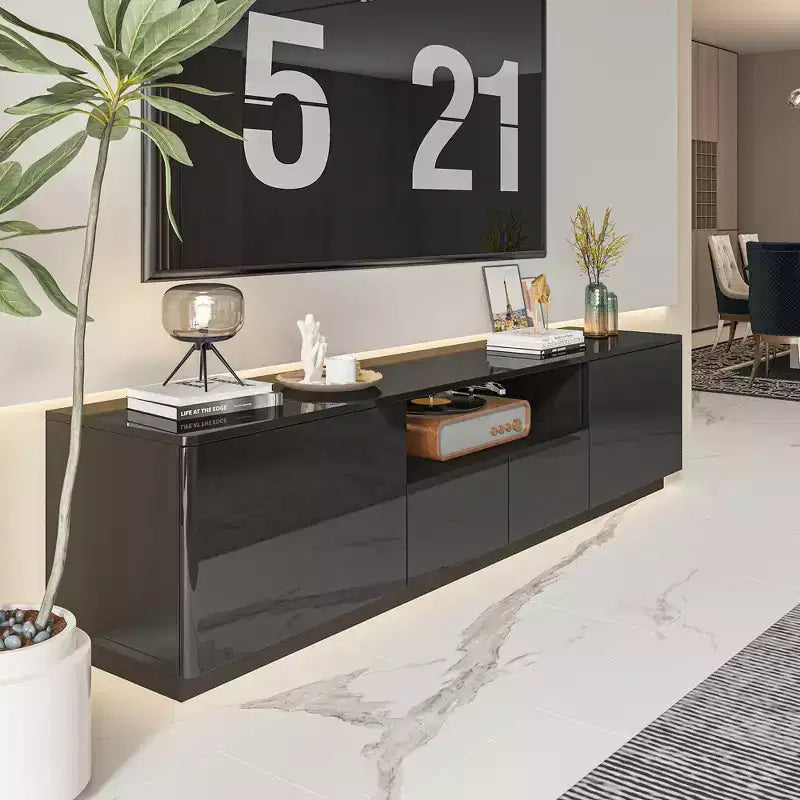 Meuble TV moderne laqué brillant avec tiroirs et bande lumineuse inférieure