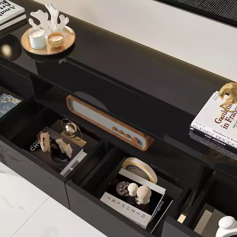 Meuble TV moderne laqué brillant avec tiroirs et bande lumineuse inférieure