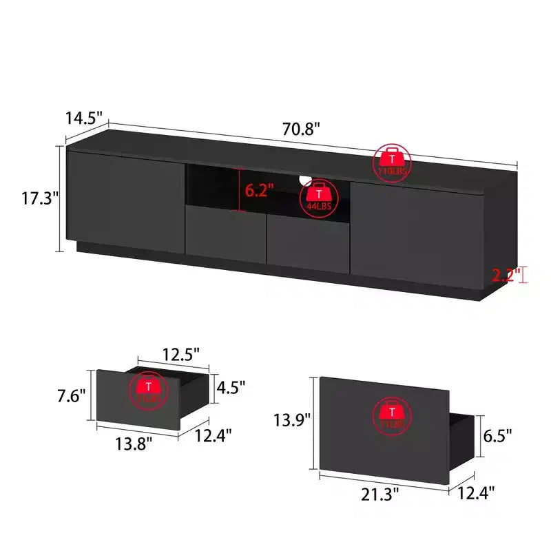 Meuble TV moderne laqué brillant avec tiroirs et bande lumineuse inférieure