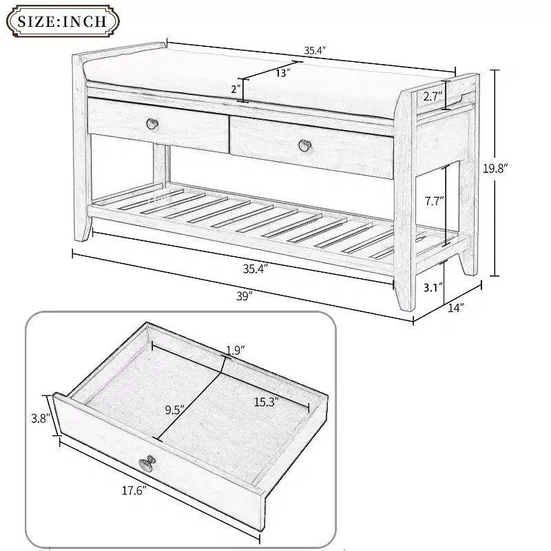Banc de rangement d'entrée multifonction avec coussin amovible et tiroirs