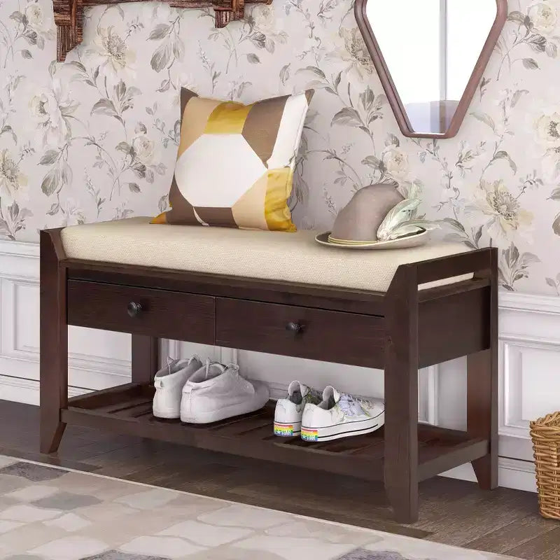 Banc de rangement d'entrée multifonction avec coussin amovible et tiroirs