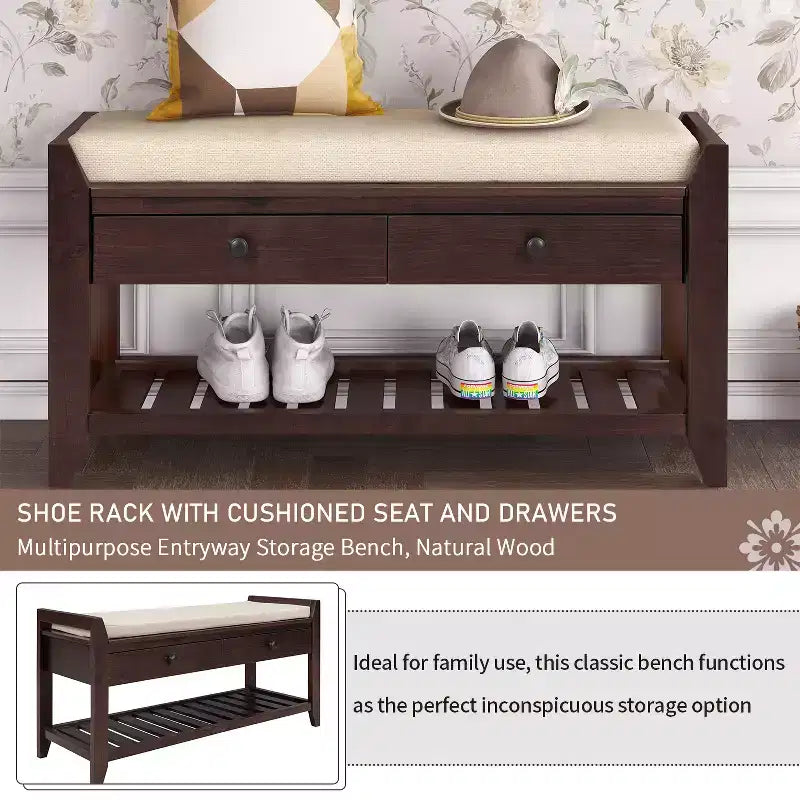 Banc de rangement d'entrée multifonction avec coussin amovible et tiroirs