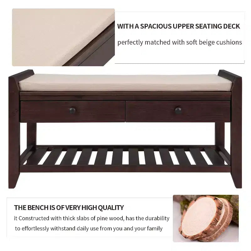 Banc de rangement d'entrée multifonction avec coussin amovible et tiroirs