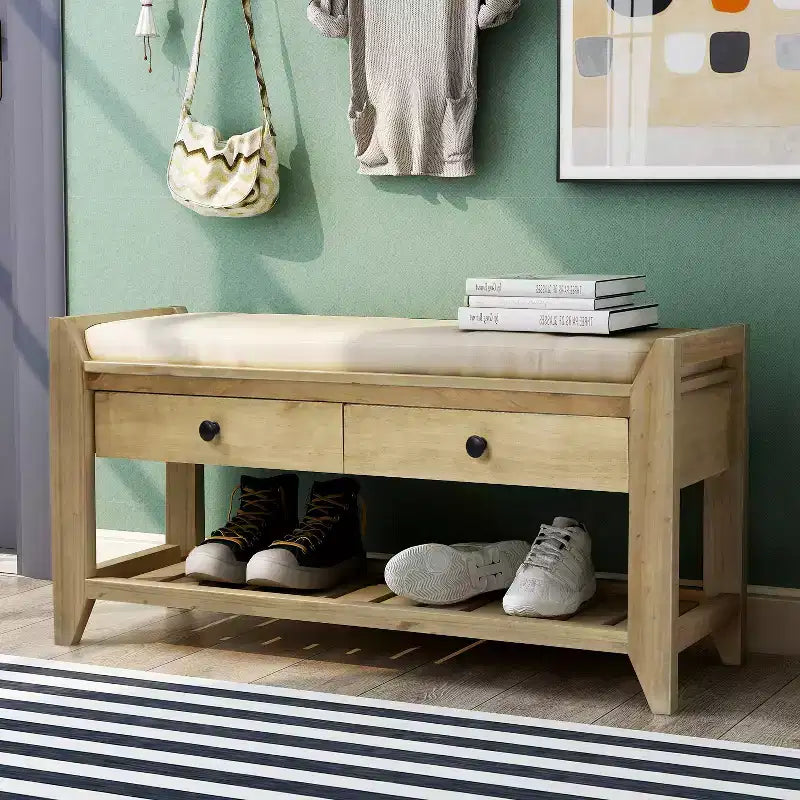 Banc de rangement d'entrée multifonction avec coussin amovible et tiroirs