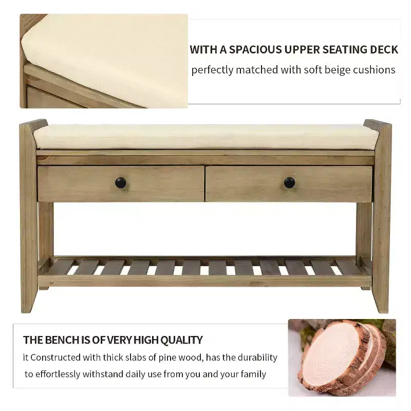 Banc de rangement d'entrée multifonction avec coussin amovible et tiroirs