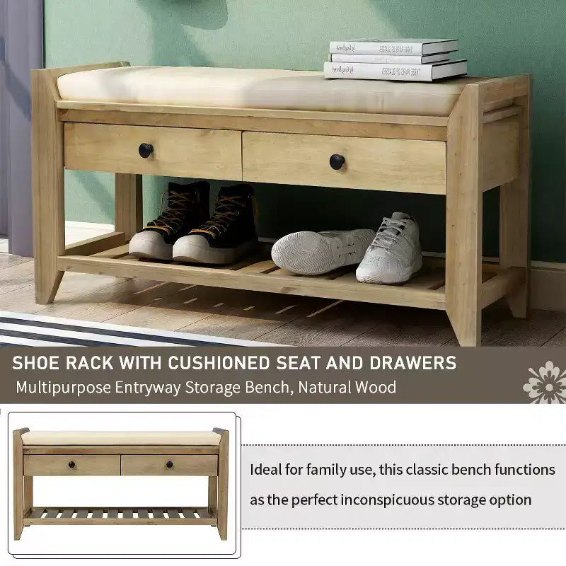 Banc de rangement d'entrée multifonction avec coussin amovible et tiroirs