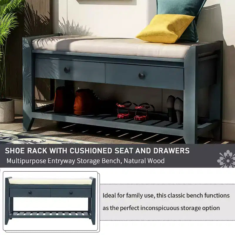 Banc de rangement d'entrée multifonction avec coussin amovible et tiroirs
