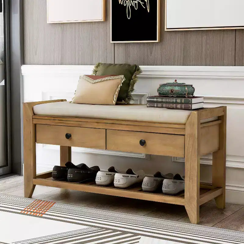 Banc de rangement d'entrée multifonction avec coussin amovible et tiroirs