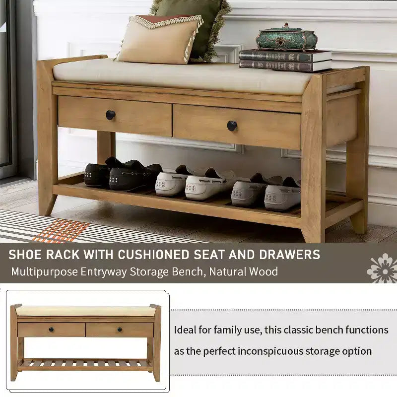Banc de rangement d'entrée multifonction avec coussin amovible et tiroirs