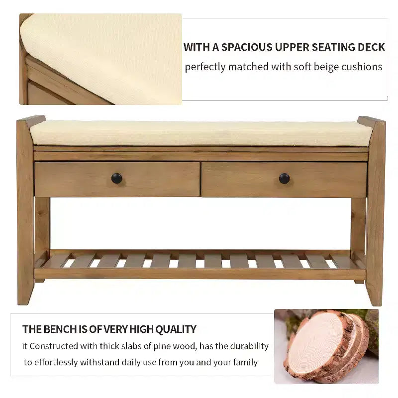 Banc de rangement d'entrée multifonction avec coussin amovible et tiroirs