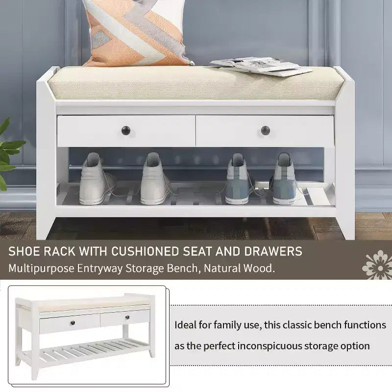 Banc de rangement d'entrée multifonction avec coussin amovible et tiroirs
