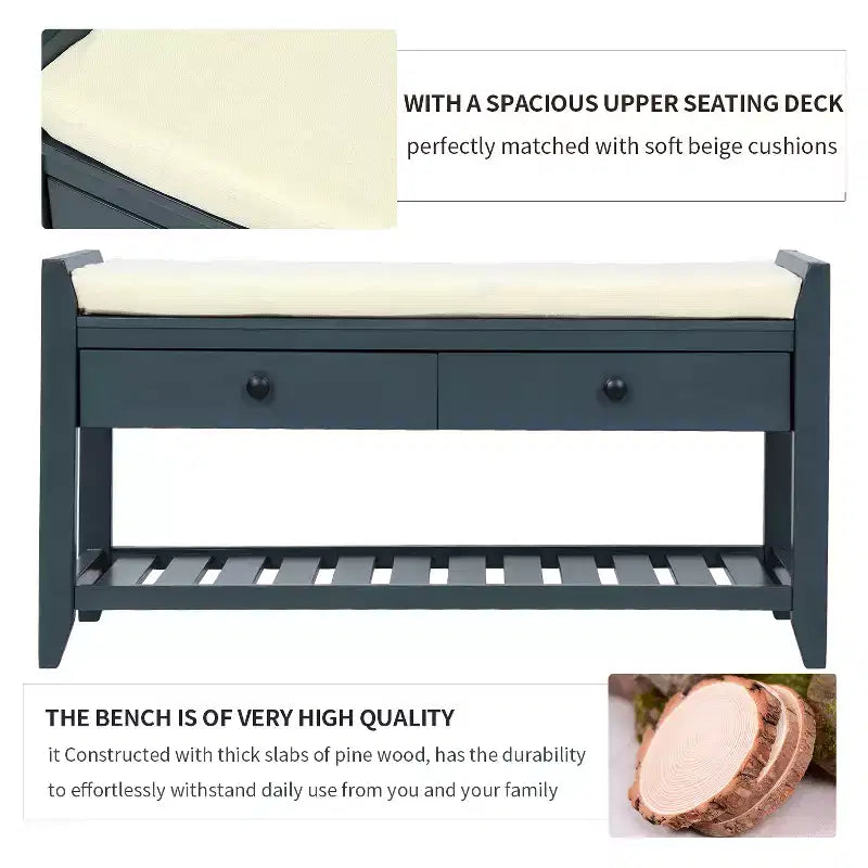 Banc de rangement d'entrée multifonction avec coussin amovible et tiroirs