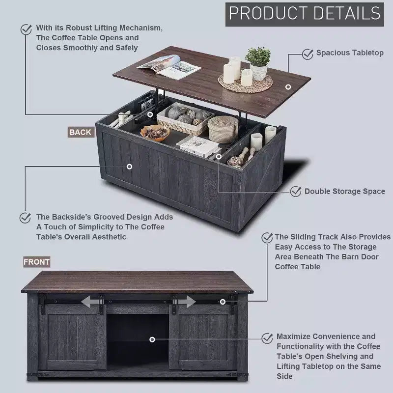 Table basse relevable de style ferme avec porte de grange coulissante et rainurée