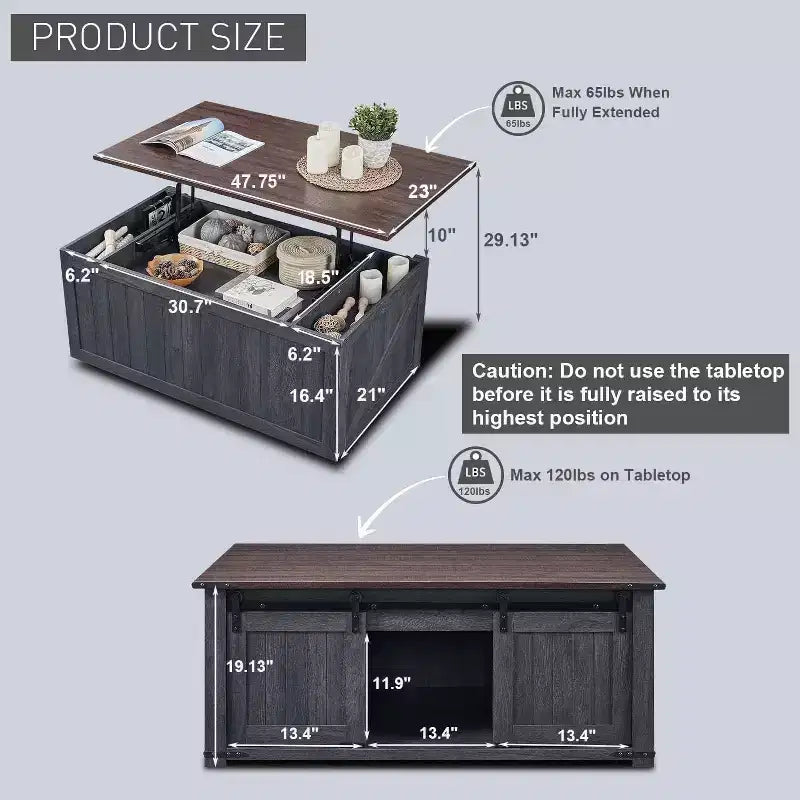 Table basse relevable de style ferme avec porte de grange coulissante et rainurée