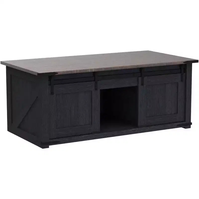 Table basse relevable de style ferme avec porte de grange coulissante et rainurée