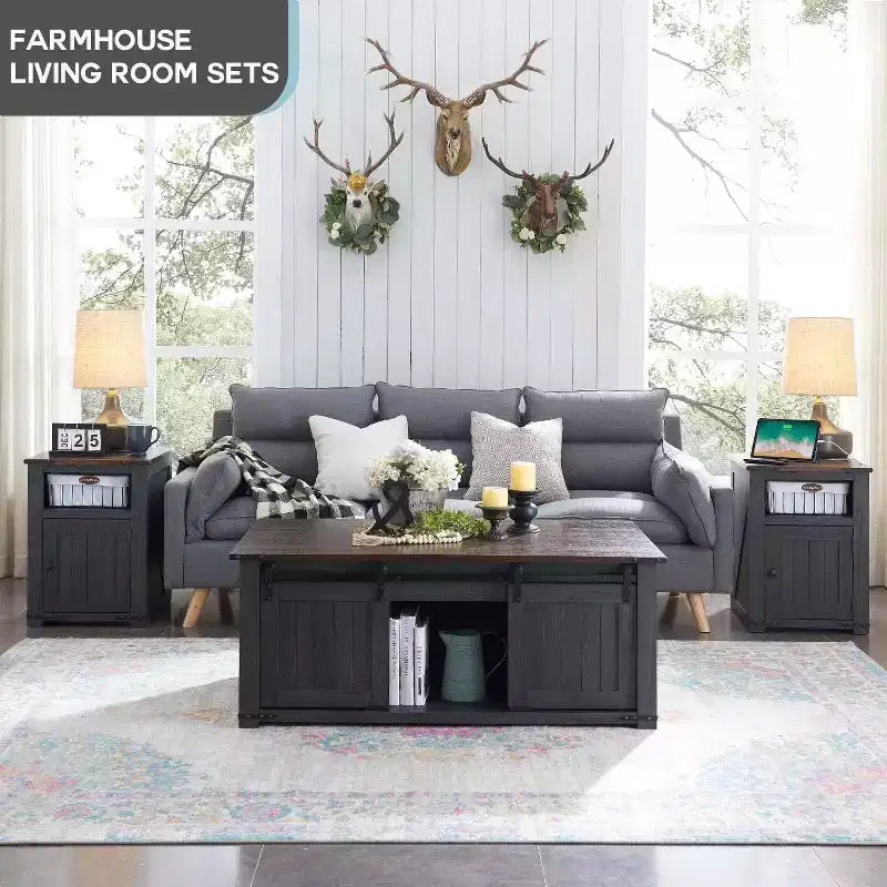 Table basse relevable de style ferme avec porte de grange coulissante et rainurée