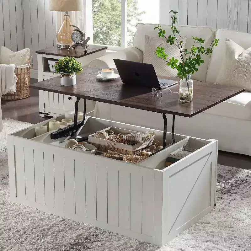 Table basse relevable de style ferme avec porte de grange coulissante et rainurée