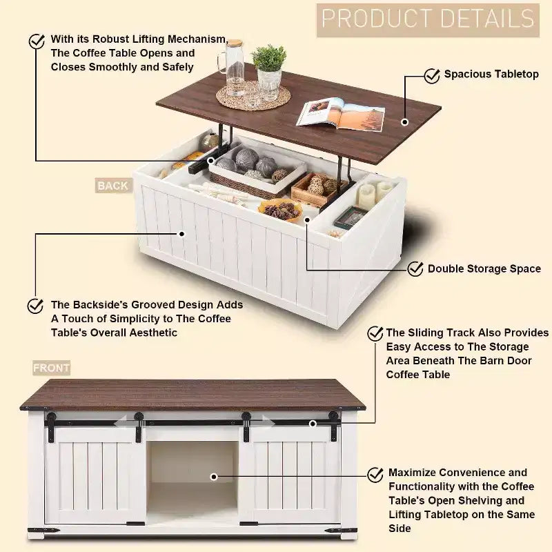 Table basse relevable de style ferme avec porte de grange coulissante et rainurée