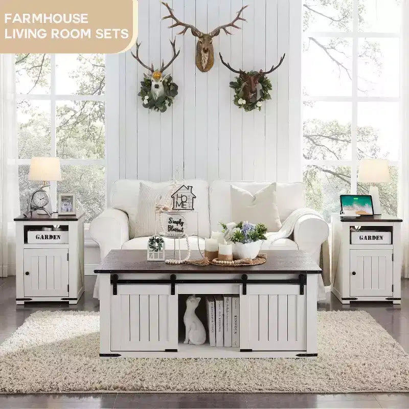 Table basse relevable de style ferme avec porte de grange coulissante et rainurée