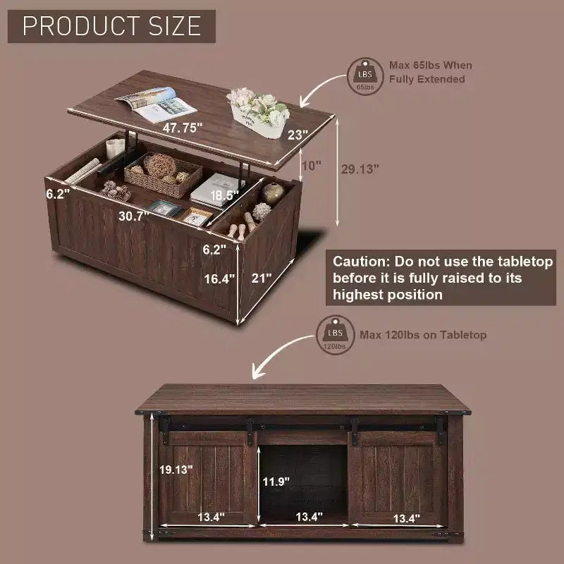 Table basse relevable de style ferme avec porte de grange coulissante et rainurée