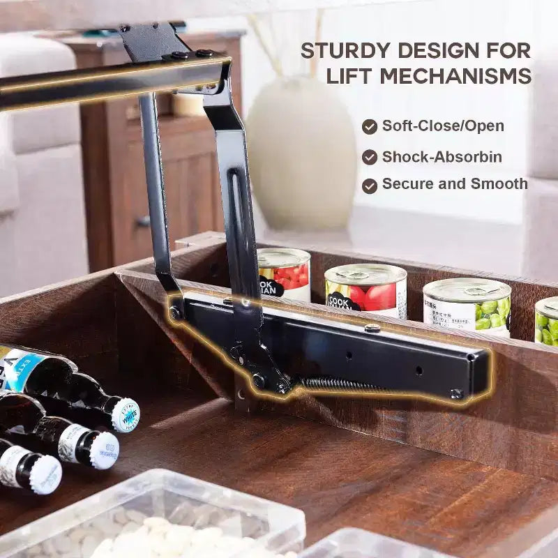 Table basse relevable de style ferme avec porte de grange coulissante et rainurée