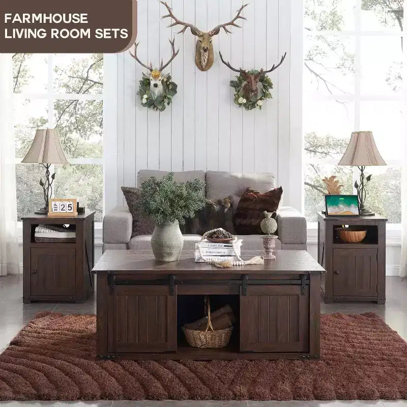 Table basse relevable de style ferme avec porte de grange coulissante et rainurée