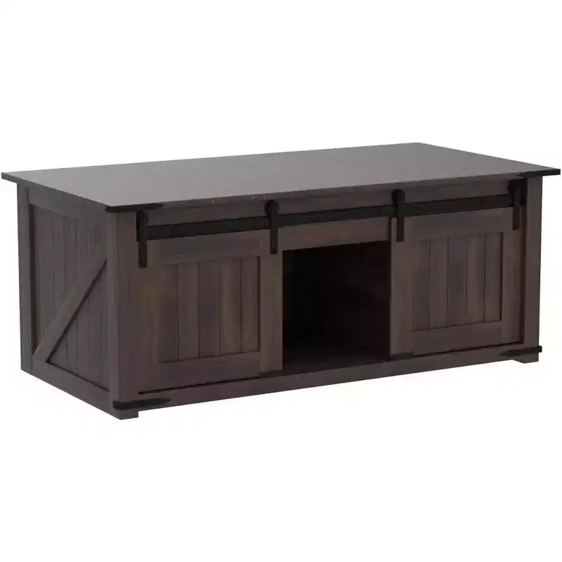 Table basse relevable de style ferme avec porte de grange coulissante et rainurée