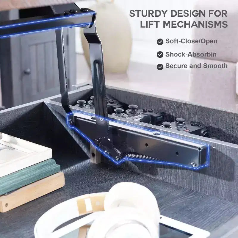 Table basse relevable de style ferme avec porte de grange coulissante et rainurée