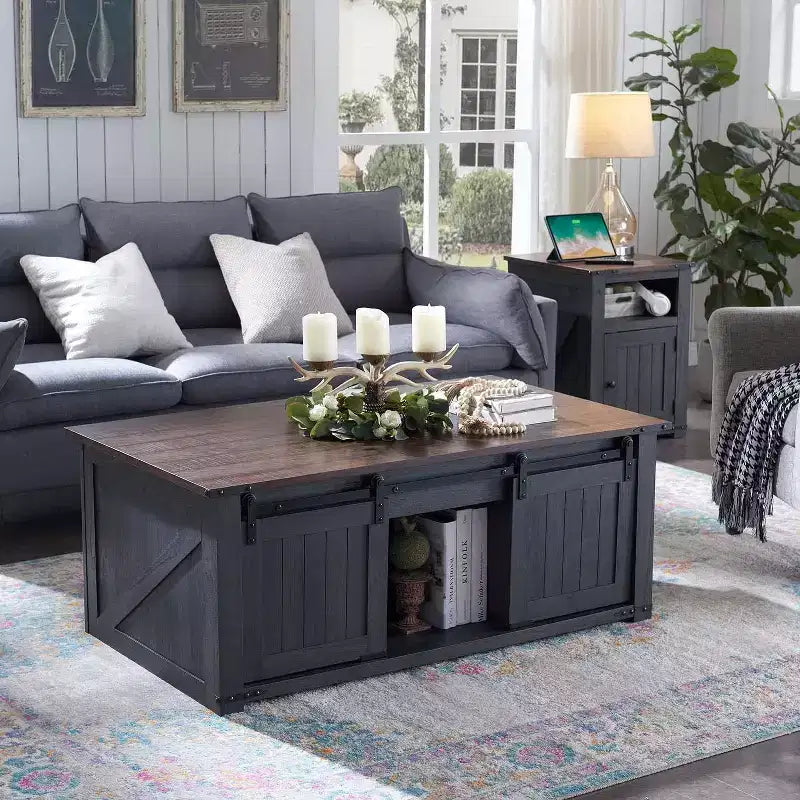 Table basse relevable de style ferme avec porte de grange coulissante et rainurée