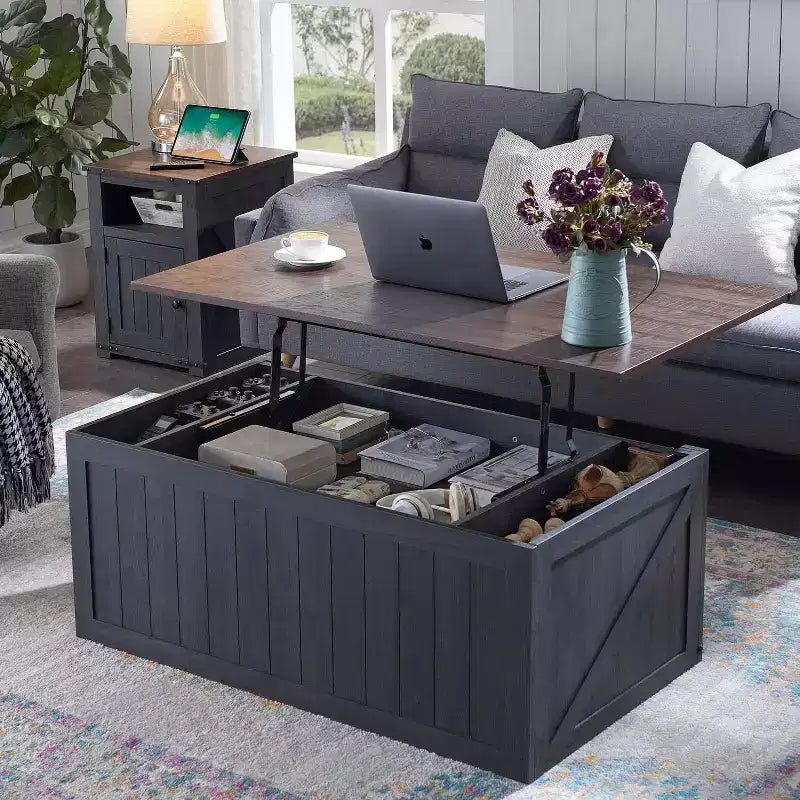 Table basse relevable de style ferme avec porte de grange coulissante et rainurée
