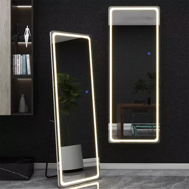 Miroir moderne rectangulaire pleine longueur sans cadre avec coins arrondis en argent