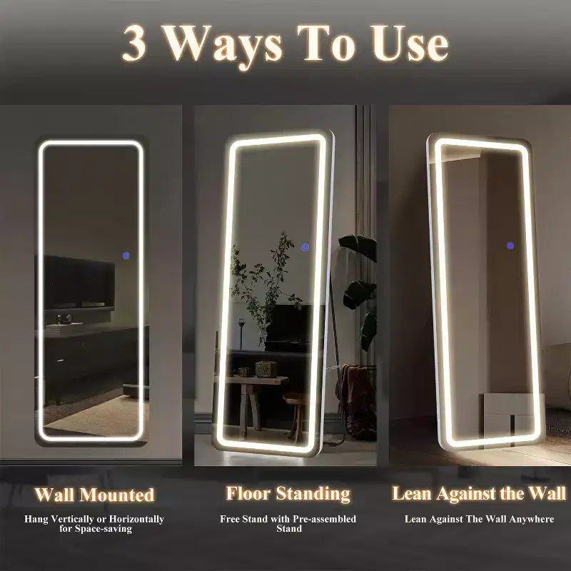 Miroir moderne rectangulaire pleine longueur sans cadre avec coins arrondis en argent