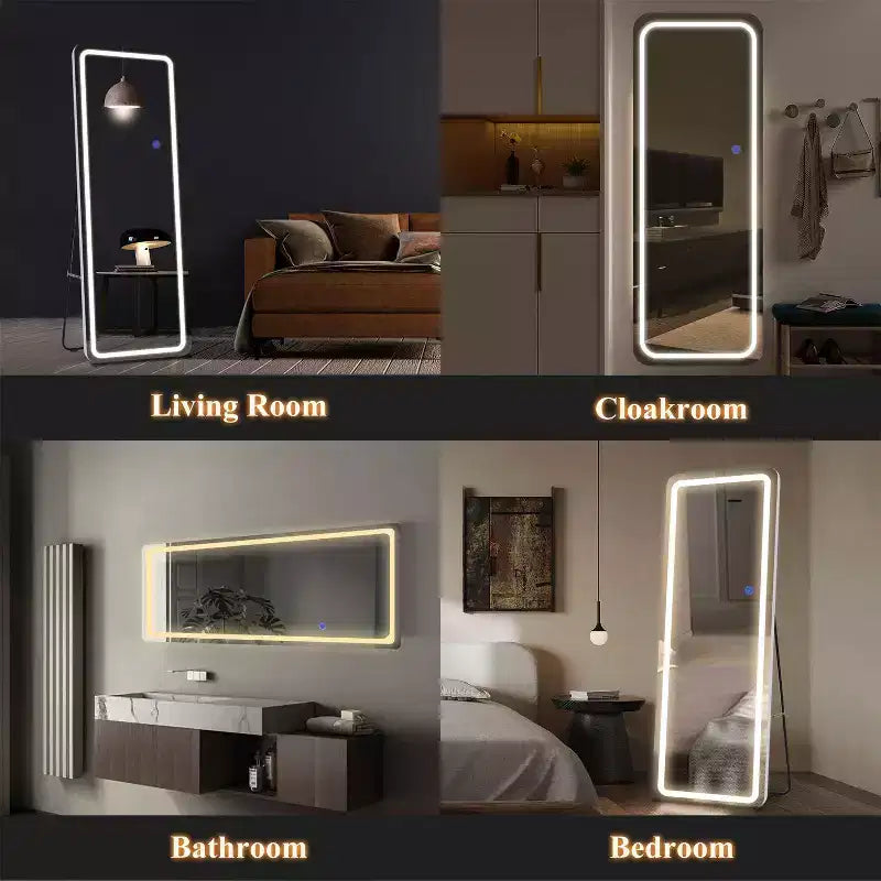 Miroir moderne rectangulaire pleine longueur sans cadre avec coins arrondis en argent