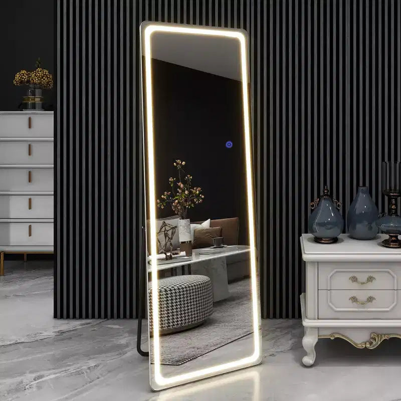 Miroir moderne rectangulaire pleine longueur sans cadre avec coins arrondis en argent