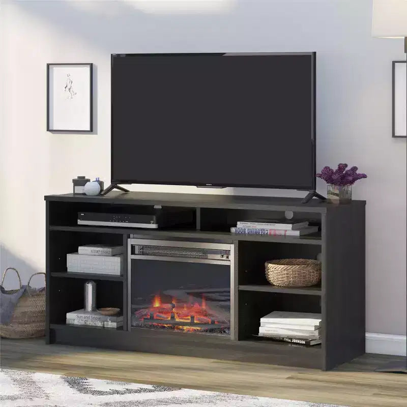Meuble TV avec insert de cheminée électrique et 6 étagères
