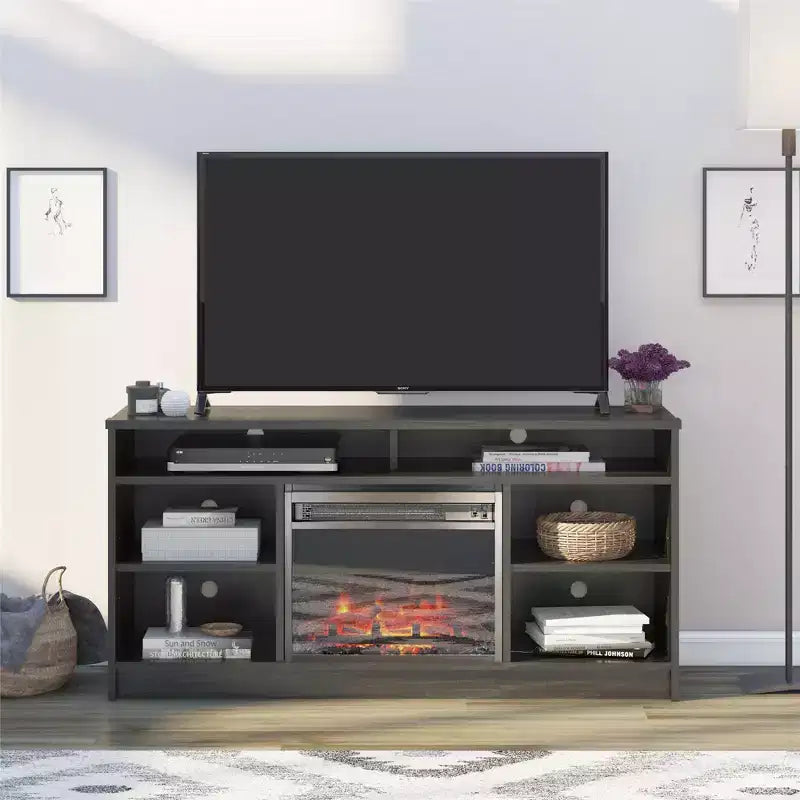 Meuble TV avec insert de cheminée électrique et 6 étagères