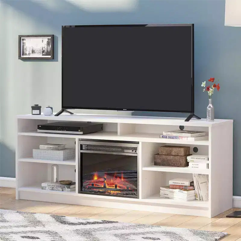 Meuble TV avec insert de cheminée électrique et 6 étagères