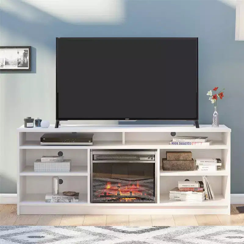 Meuble TV avec insert de cheminée électrique et 6 étagères