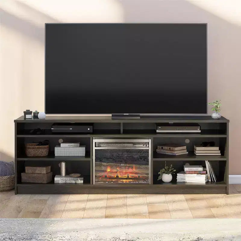 Meuble TV avec insert de cheminée électrique et 6 étagères
