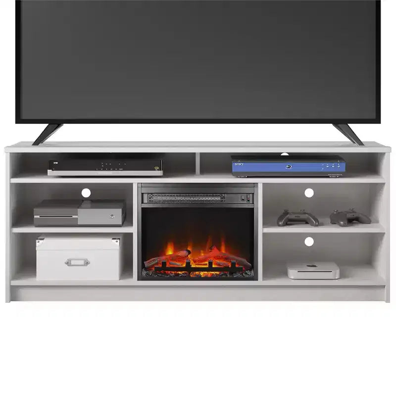 Meuble TV avec insert de cheminée électrique et 6 étagères