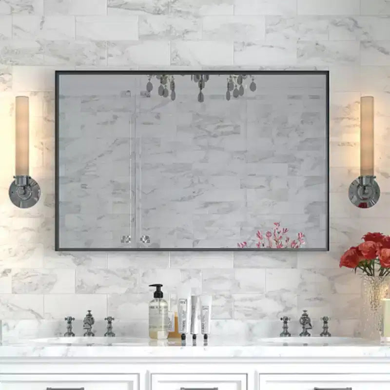 Miroir mural de salle de bain noir brillant style ferme, miroir de courtoisie rectangulaire
