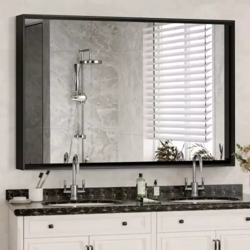 Miroir mural de salle de bain noir brillant style ferme, miroir de courtoisie rectangulaire
