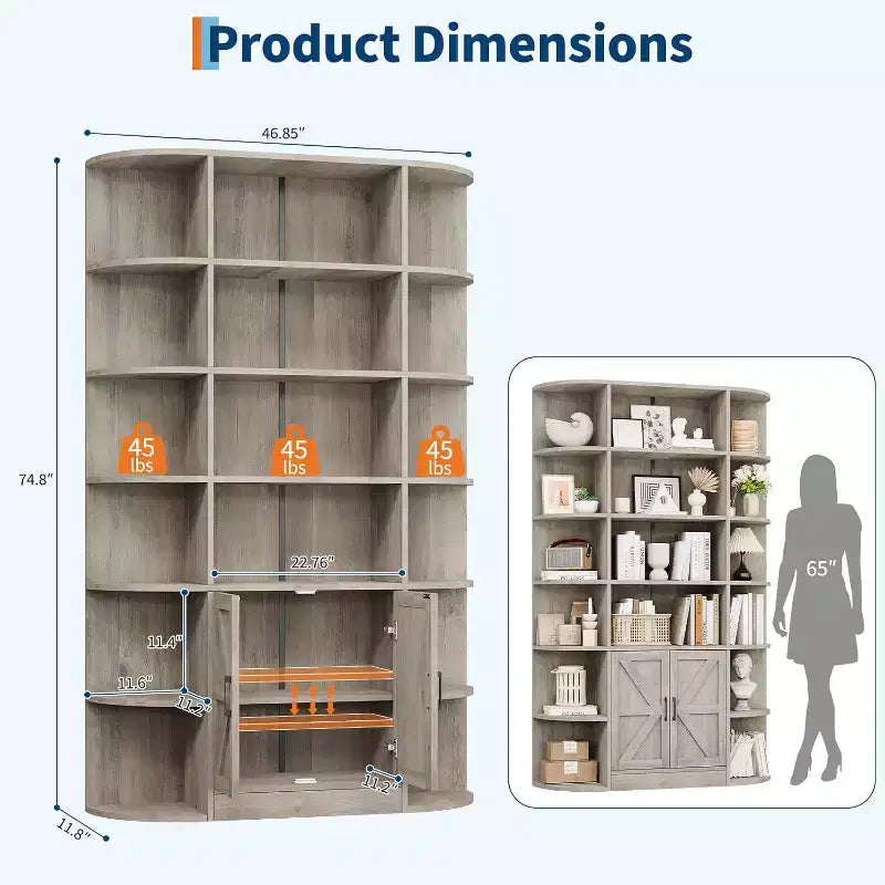Bibliothèque avec armoire de rangement, bibliothèque en bois à 6 niveaux