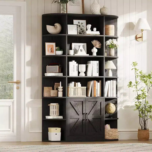 Modern 75 Bookshelf with Storage Cabinet, 6-Tier Wood Bookcase with Doors and Adjustable Shelves for Bedroom, Nursery, or Playroom