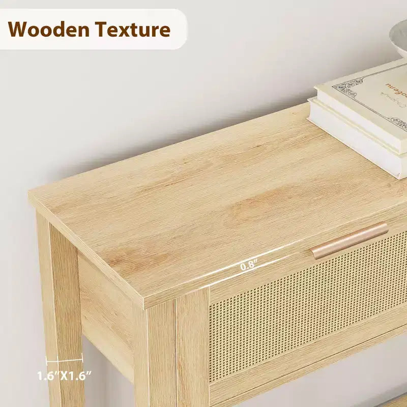 Console en rotin, table de canapé d'entrée en chêne recyclé couleur caramel
