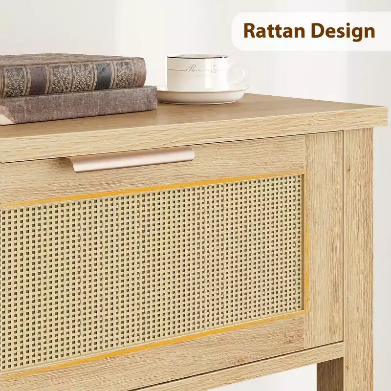 Console en rotin, table de canapé d'entrée en chêne recyclé couleur caramel