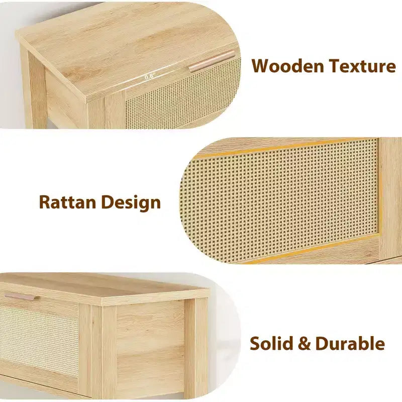 Console en rotin, table de canapé d'entrée en chêne recyclé couleur caramel