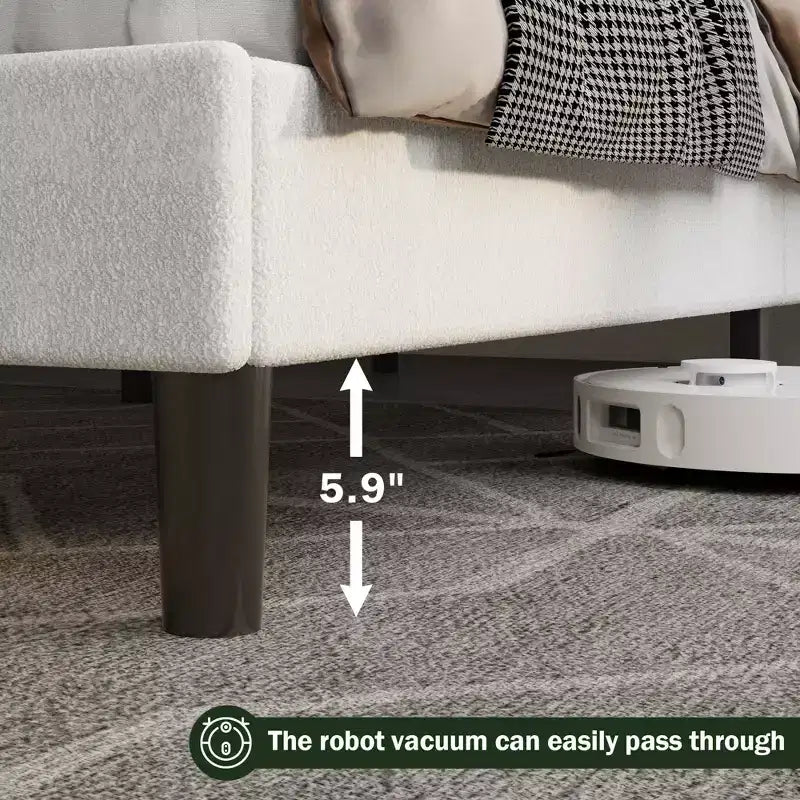 Cadre de lit plateforme rembourré avec tête de lit en tissu bouclé Teddy effet nuage.
