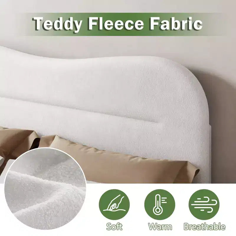 Cadre de lit plateforme rembourré avec tête de lit en tissu bouclé Teddy effet nuage.